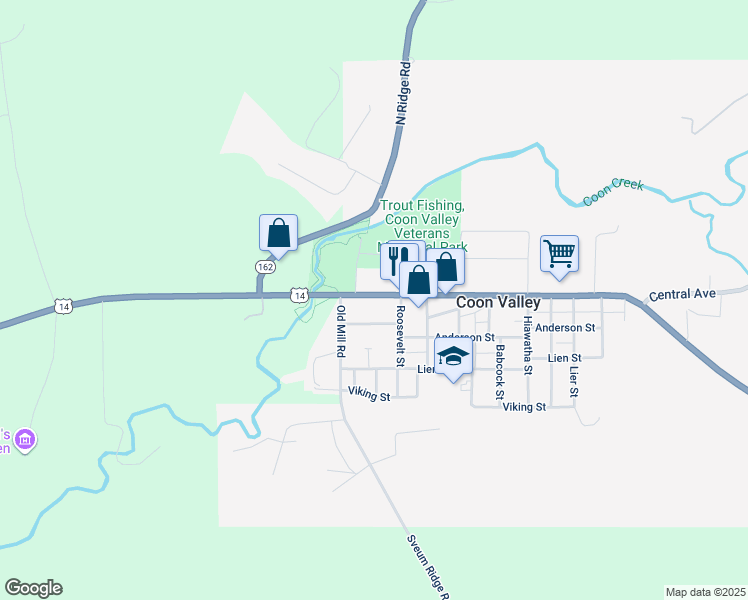map of restaurants, bars, coffee shops, grocery stores, and more near 110 Central Avenue in Coon Valley