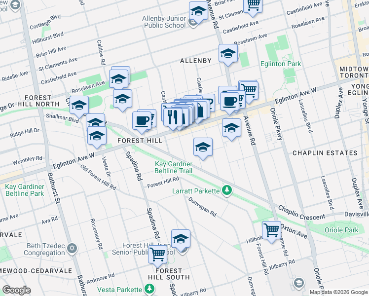map of restaurants, bars, coffee shops, grocery stores, and more near 317 Warren Road in Toronto