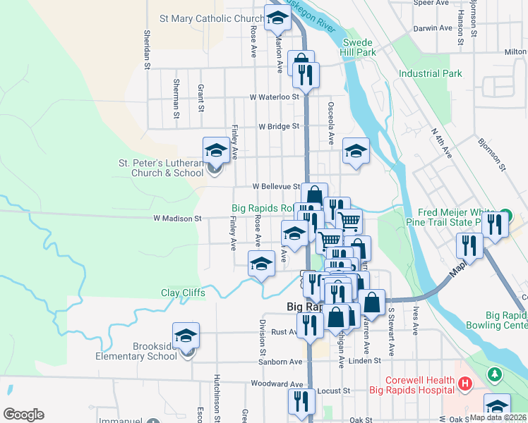 map of restaurants, bars, coffee shops, grocery stores, and more near 416 Rose Avenue in Big Rapids