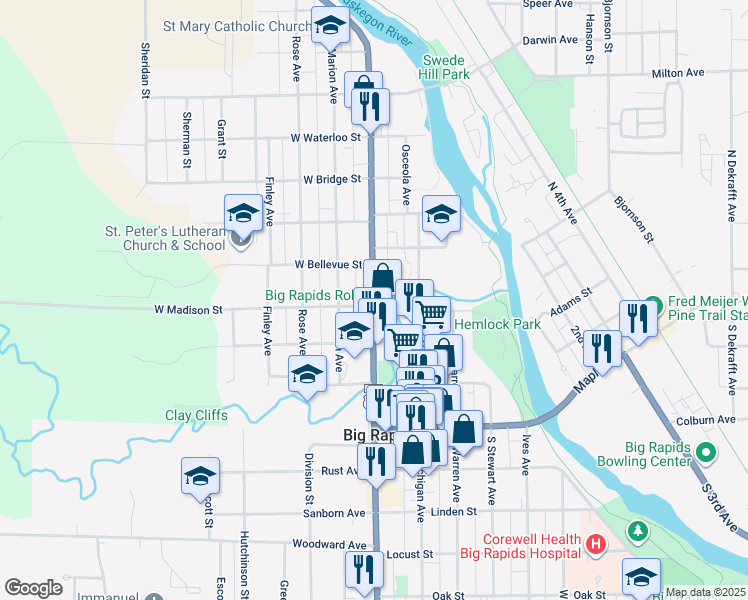 map of restaurants, bars, coffee shops, grocery stores, and more near 400 North State Street in Big Rapids