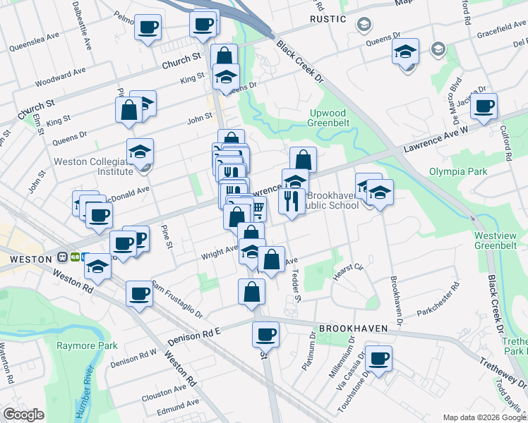 map of restaurants, bars, coffee shops, grocery stores, and more near 16 Martini Drive in Toronto