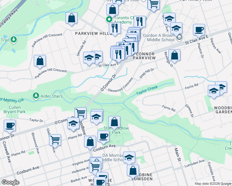 map of restaurants, bars, coffee shops, grocery stores, and more near 77 Glenwood Crescent in Toronto