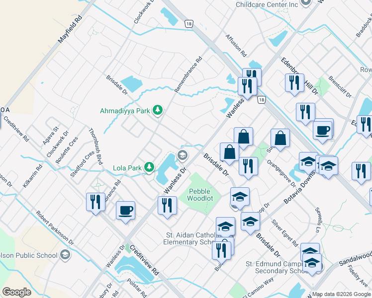 map of restaurants, bars, coffee shops, grocery stores, and more near in Brampton