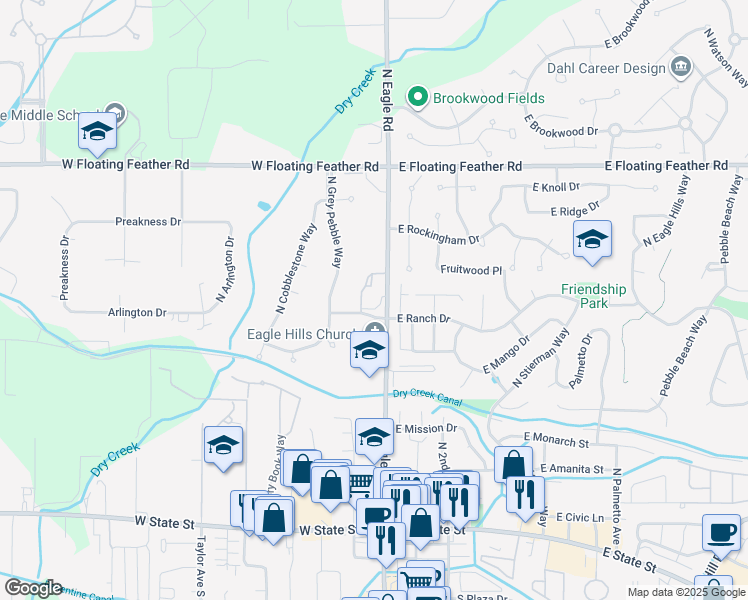 map of restaurants, bars, coffee shops, grocery stores, and more near 683 North Eagle Road in Eagle