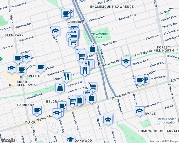 map of restaurants, bars, coffee shops, grocery stores, and more near in Toronto