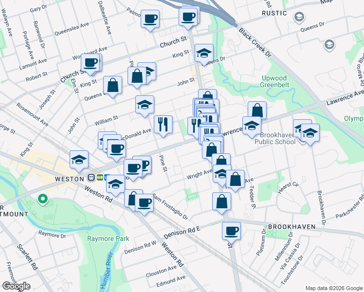 map of restaurants, bars, coffee shops, grocery stores, and more near in Toronto