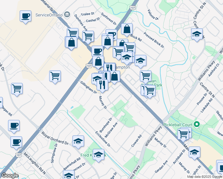 map of restaurants, bars, coffee shops, grocery stores, and more near 10 Gillingham Drive in Brampton