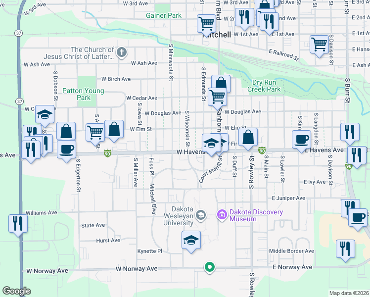 map of restaurants, bars, coffee shops, grocery stores, and more near 701-799 South Wisconsin Street in Mitchell