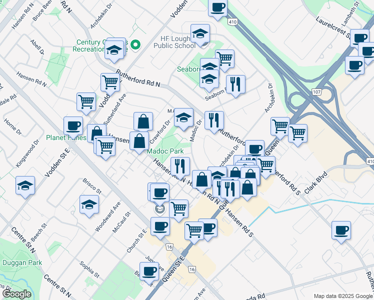 map of restaurants, bars, coffee shops, grocery stores, and more near 42 Lauderdale Road in Brampton