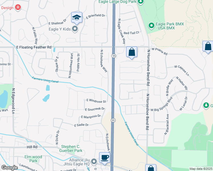 map of restaurants, bars, coffee shops, grocery stores, and more near 857 North Echohawk Way in Eagle