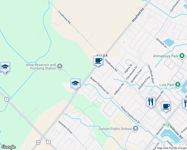 map of restaurants, bars, coffee shops, grocery stores, and more near 24 Exhibition Crescent in Brampton