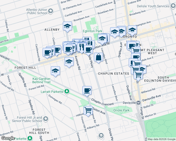 map of restaurants, bars, coffee shops, grocery stores, and more near 131 Highbourne Road in Toronto