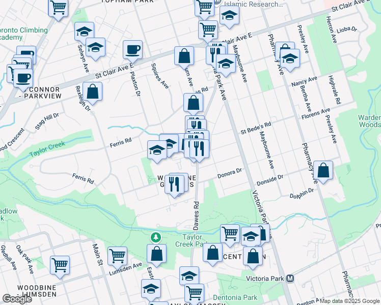 map of restaurants, bars, coffee shops, grocery stores, and more near 12A Gower Street in Toronto