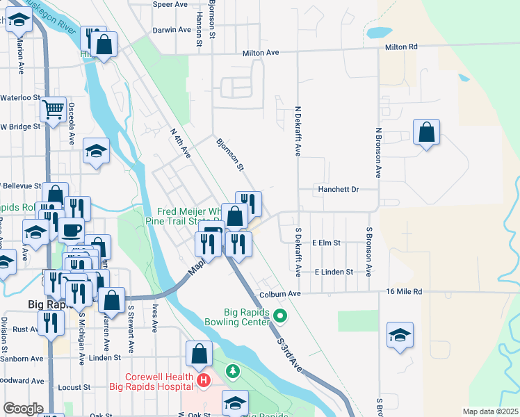 map of restaurants, bars, coffee shops, grocery stores, and more near 1015 Maple Street in Big Rapids