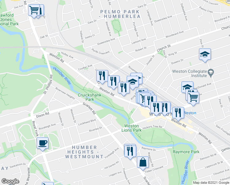 map of restaurants, bars, coffee shops, grocery stores, and more near 2085 Weston Road in Toronto