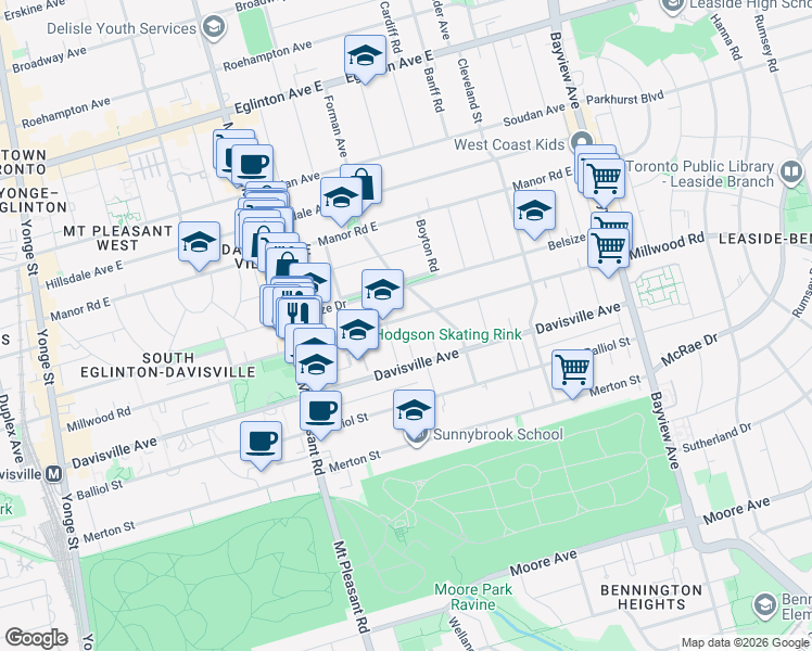 map of restaurants, bars, coffee shops, grocery stores, and more near 457 Millwood Road in Toronto