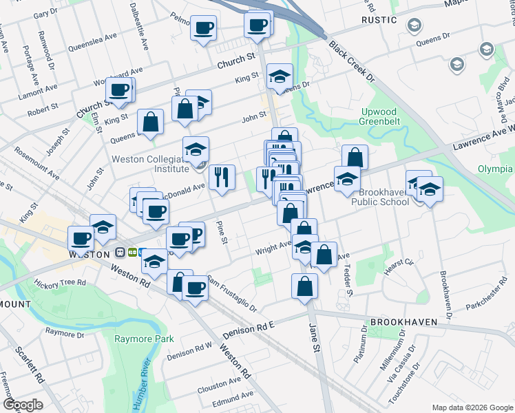 map of restaurants, bars, coffee shops, grocery stores, and more near 1927 Lawrence Avenue West in Toronto