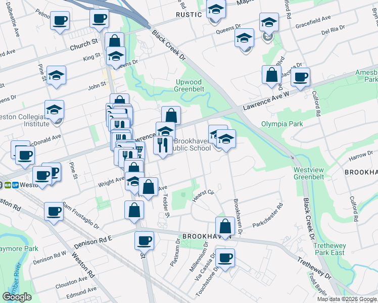 map of restaurants, bars, coffee shops, grocery stores, and more near 59 Creekbank Road in Toronto