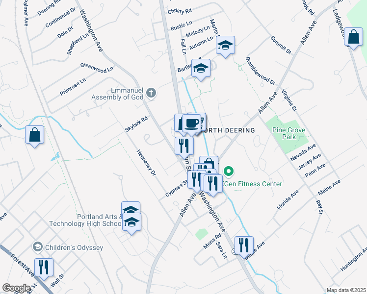 map of restaurants, bars, coffee shops, grocery stores, and more near 64 Auburn Street in Portland