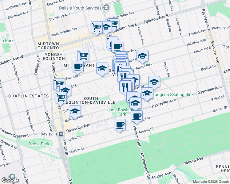 map of restaurants, bars, coffee shops, grocery stores, and more near 1 Thurloe Avenue in Toronto
