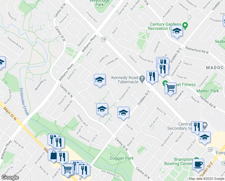 map of restaurants, bars, coffee shops, grocery stores, and more near 122 Kingswood Drive in Brampton