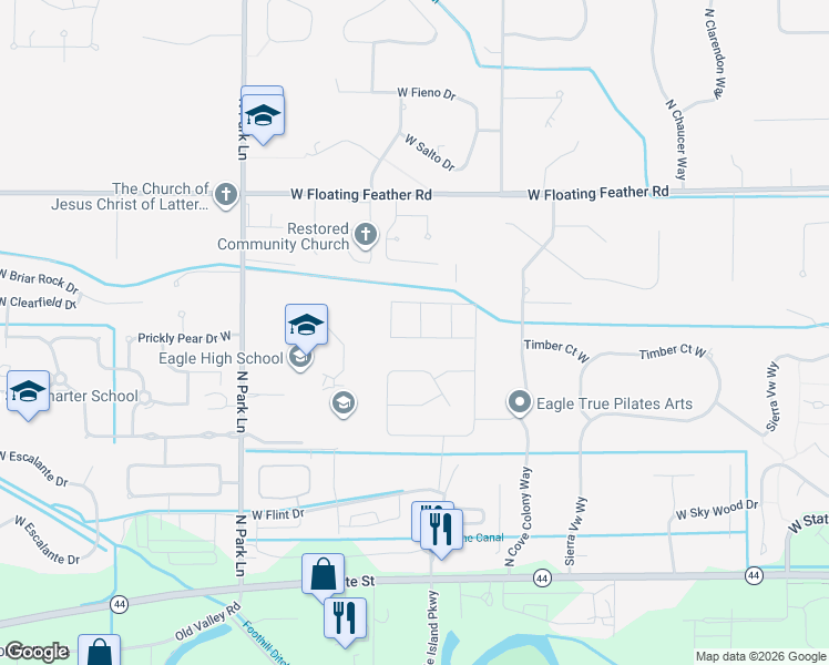 map of restaurants, bars, coffee shops, grocery stores, and more near 3457 West Barefoot Street in Eagle