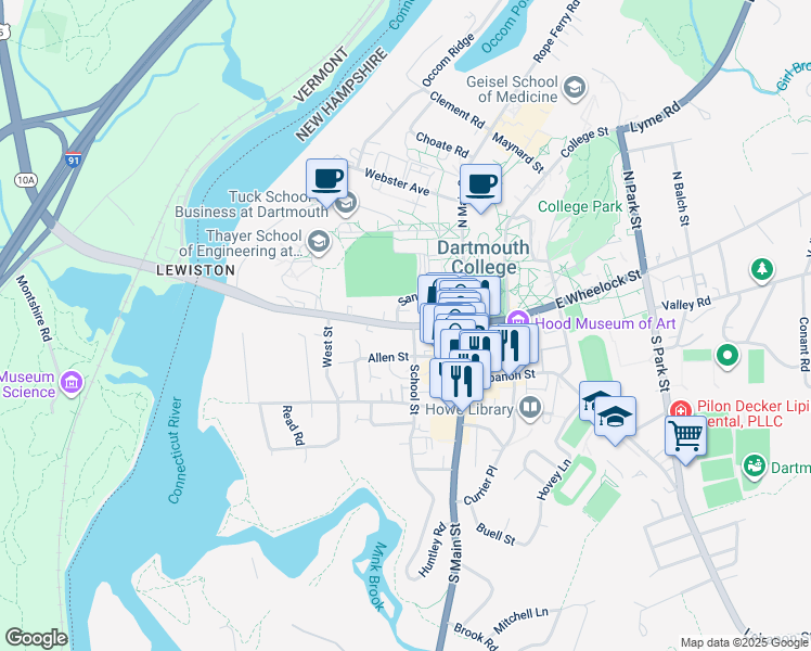 map of restaurants, bars, coffee shops, grocery stores, and more near 9 West Wheelock Street in Hanover