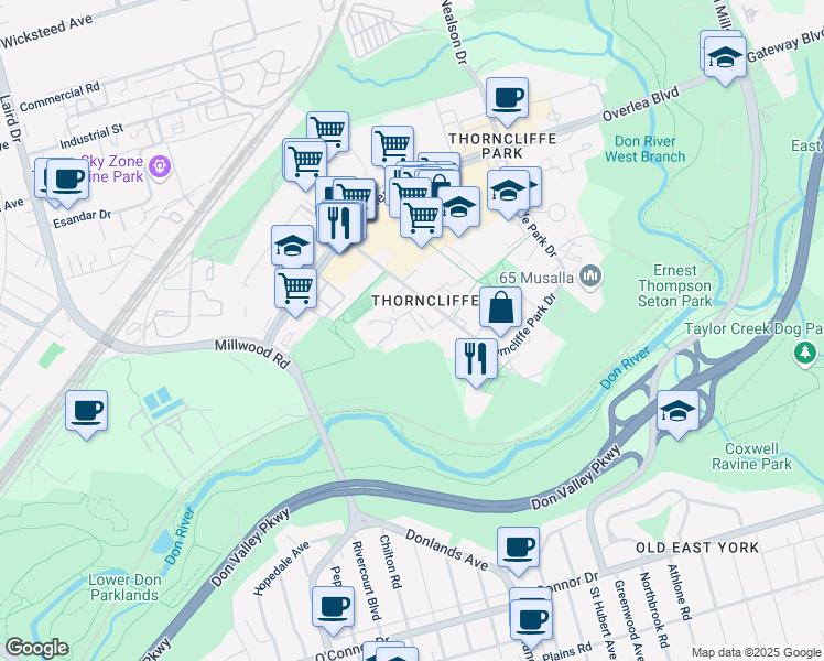 map of restaurants, bars, coffee shops, grocery stores, and more near 8 Milepost Place in Toronto