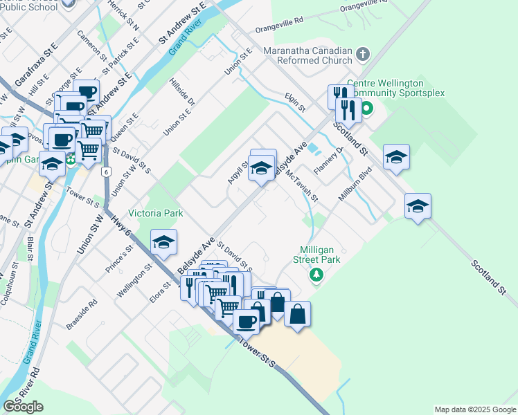 map of restaurants, bars, coffee shops, grocery stores, and more near 290 Belsyde Avenue East in Fergus