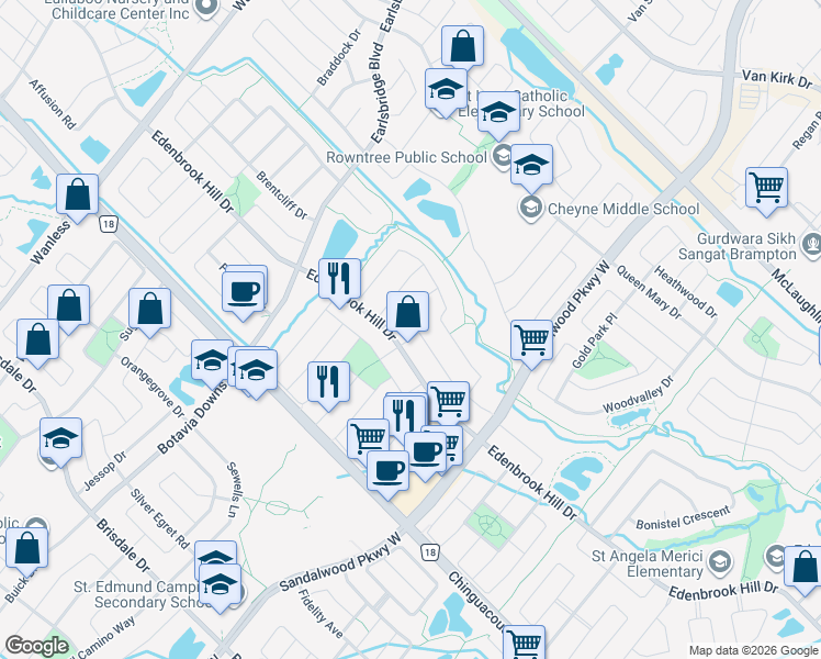 map of restaurants, bars, coffee shops, grocery stores, and more near 10 Avocet Gate in Brampton