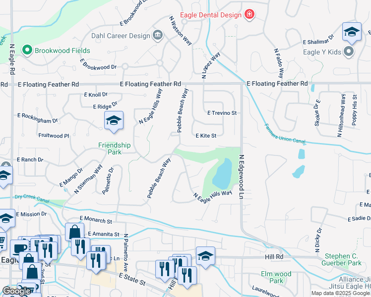 map of restaurants, bars, coffee shops, grocery stores, and more near 1237 East Cerramar Court in Eagle