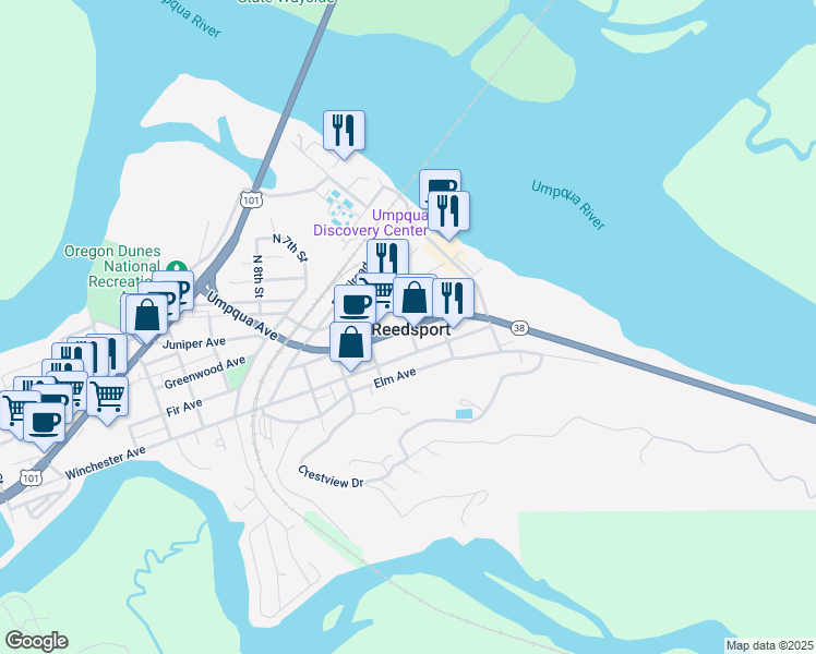 map of restaurants, bars, coffee shops, grocery stores, and more near in Reedsport
