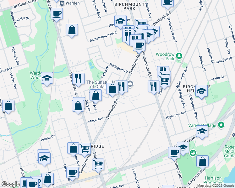 map of restaurants, bars, coffee shops, grocery stores, and more near 17 Lily Cup Avenue in Toronto