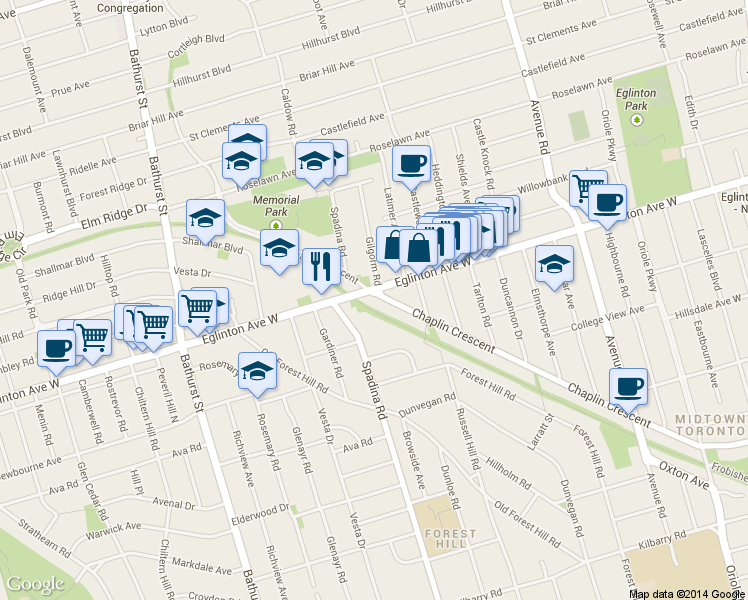 map of restaurants, bars, coffee shops, grocery stores, and more near in Toronto