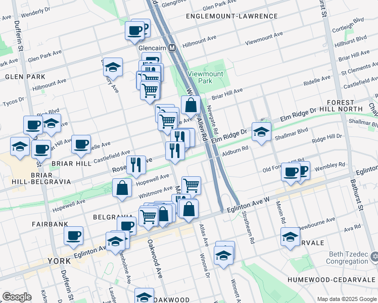 map of restaurants, bars, coffee shops, grocery stores, and more near in Toronto