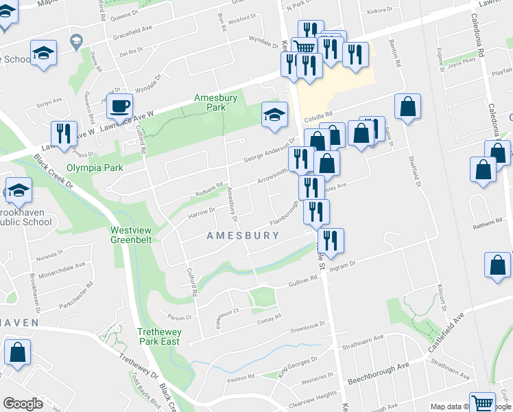 map of restaurants, bars, coffee shops, grocery stores, and more near in Toronto