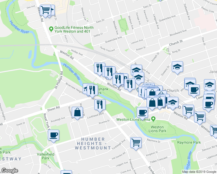 map of restaurants, bars, coffee shops, grocery stores, and more near in Toronto