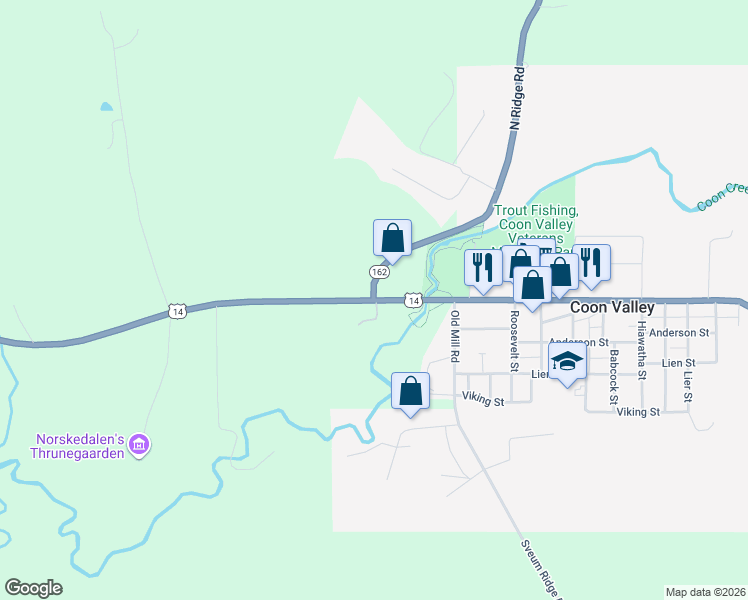 map of restaurants, bars, coffee shops, grocery stores, and more near US-14 & US-61 & WI-162 in Coon Valley