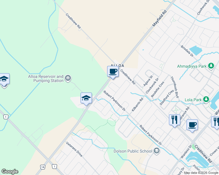 map of restaurants, bars, coffee shops, grocery stores, and more near Exhibition Crescent in Brampton