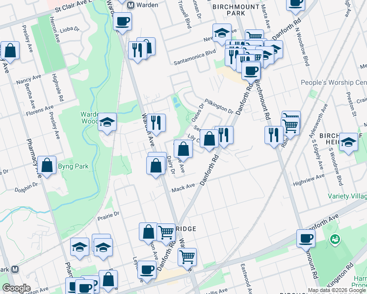 map of restaurants, bars, coffee shops, grocery stores, and more near 60 Belanger Crescent in Toronto
