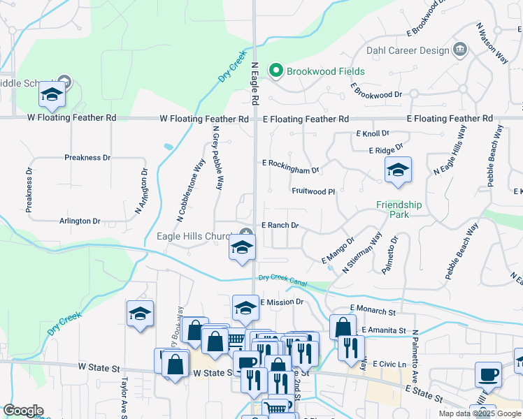 map of restaurants, bars, coffee shops, grocery stores, and more near 38 East Ranch Drive in Eagle