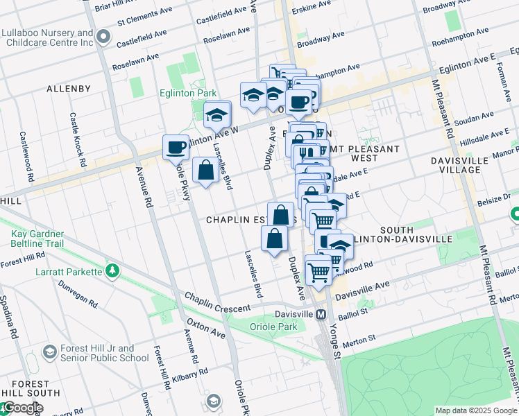 map of restaurants, bars, coffee shops, grocery stores, and more near 101 Colin Avenue in Toronto