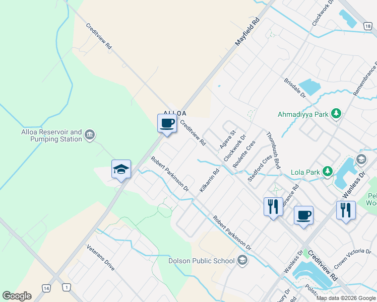 map of restaurants, bars, coffee shops, grocery stores, and more near 35 Humberstone Crescent in Brampton