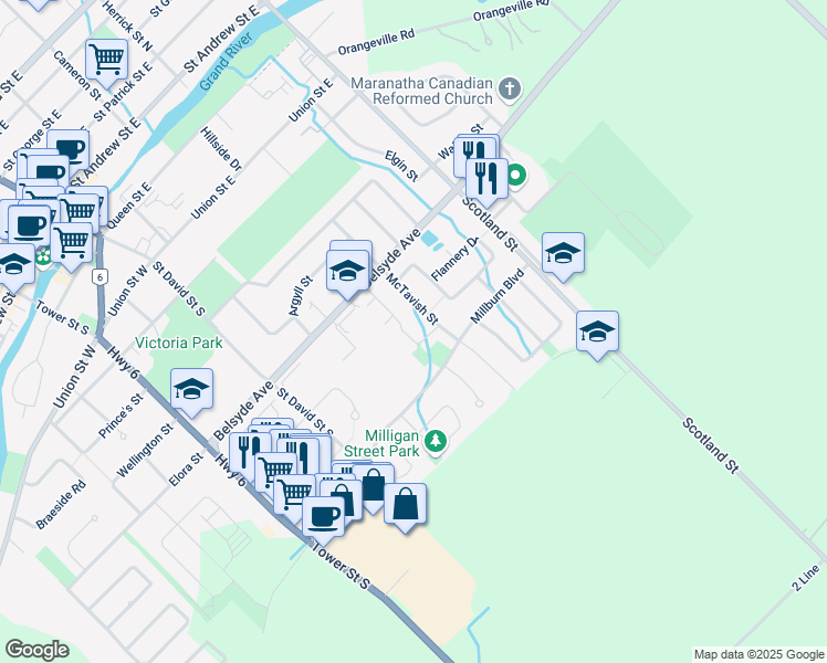 map of restaurants, bars, coffee shops, grocery stores, and more near 27 Scott Street in Fergus