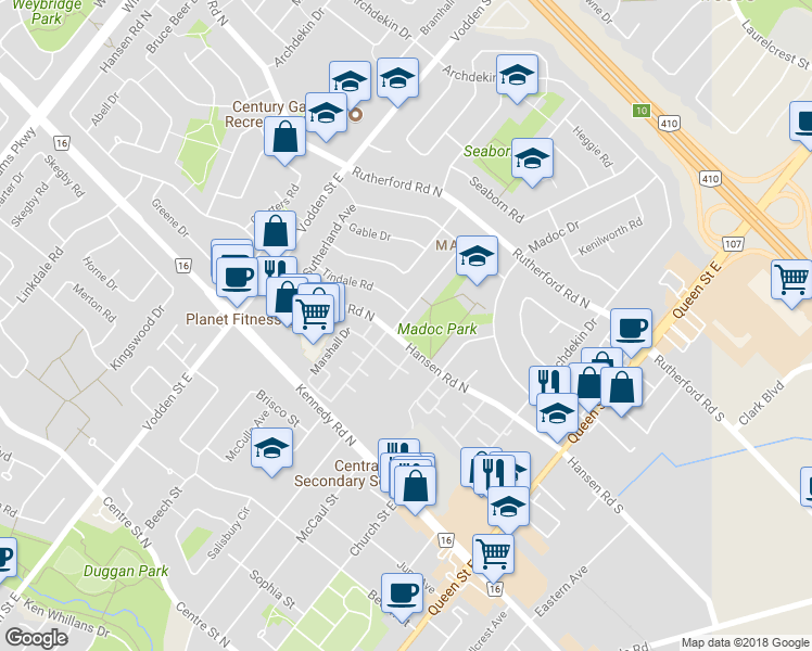 map of restaurants, bars, coffee shops, grocery stores, and more near 7 Crawford Drive in Brampton