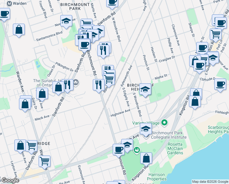 map of restaurants, bars, coffee shops, grocery stores, and more near 150 Aylesworth Avenue in Toronto