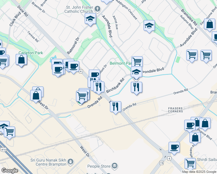 map of restaurants, bars, coffee shops, grocery stores, and more near 6 Belmont Drive in Brampton