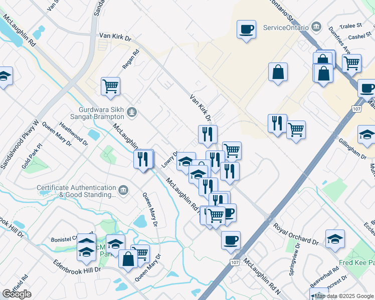 map of restaurants, bars, coffee shops, grocery stores, and more near 23 Regan Road in Brampton