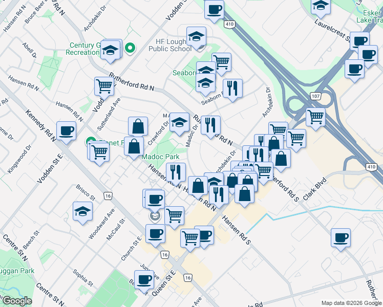 map of restaurants, bars, coffee shops, grocery stores, and more near 32 Madoc Drive in Brampton