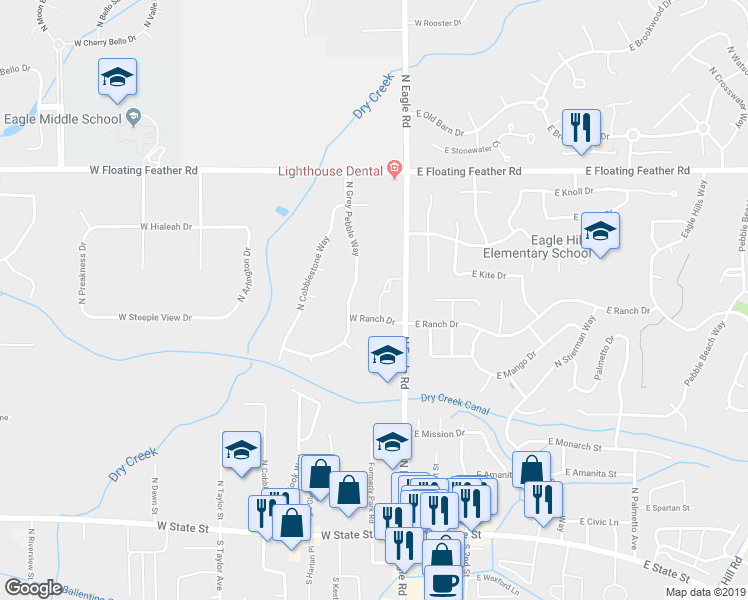 map of restaurants, bars, coffee shops, grocery stores, and more near 683 North Eagle Road in Eagle
